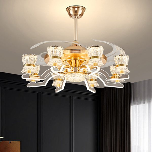Traditional European Cylinder Iron Stainless Steel Crystal Acrylic LED Downrods Ceiling Fan Light For Living Room - Image 5