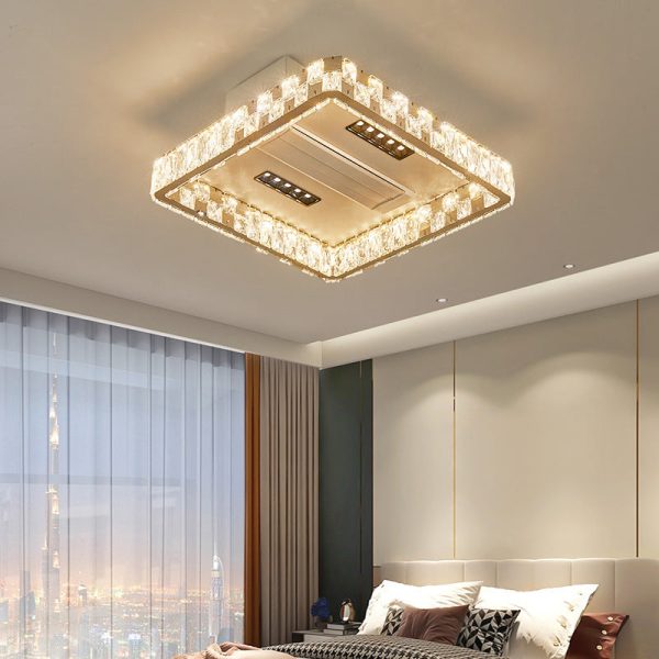 Modern Luxury Stainless Steel Acrylic Crystal Round Square Rectangular LED Flush Mount Ceiling Bladeless Fan Light For Bedroom - Image 2