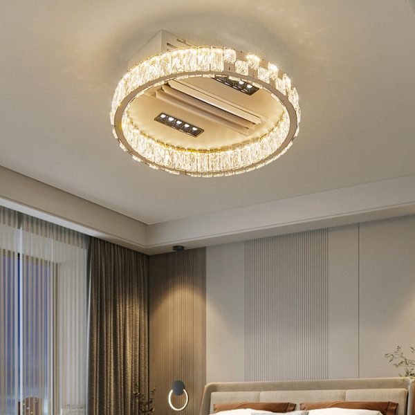 Modern Luxury Stainless Steel Acrylic Crystal Round Square Rectangular LED Flush Mount Ceiling Bladeless Fan Light For Bedroom - Image 3