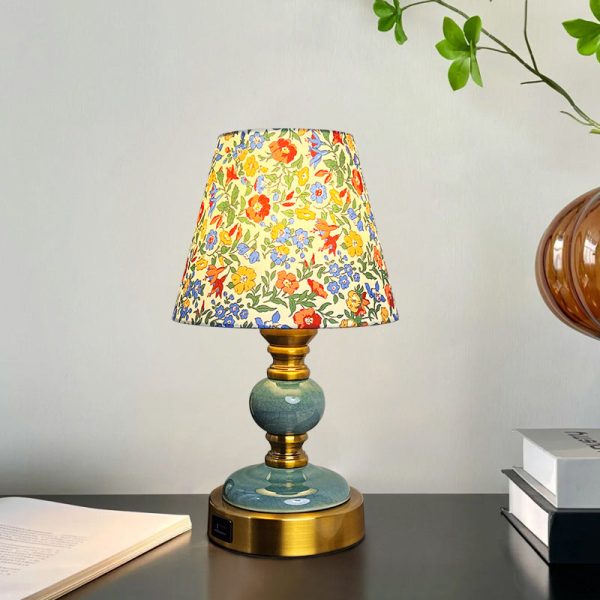 Traditional French Fabric Ceramic Alloy Cylinder Flower Crackle Column 1-Light Table Lamp For Bedside - Image 3