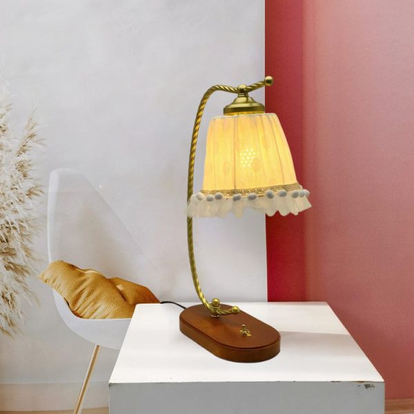 Traditional French Fabric Metal Wood Lace Conic 1-Light Table Lamp For Bedside