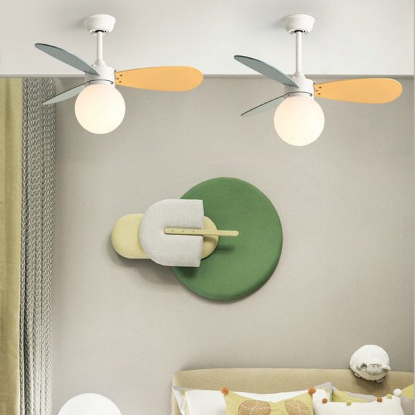 Contemporary Nordic Wood Iron Acrylic Ball 1-Light Downrods Ceiling Fan Light For Bedroom - Image 2