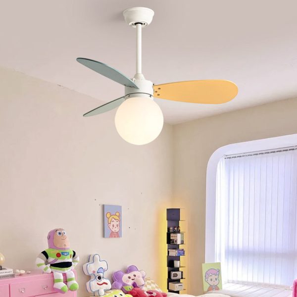 Contemporary Nordic Wood Iron Acrylic Ball 1-Light Downrods Ceiling Fan Light For Bedroom - Image 12