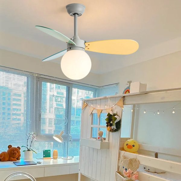 Contemporary Nordic Wood Iron Acrylic Ball 1-Light Downrods Ceiling Fan Light For Bedroom - Image 6