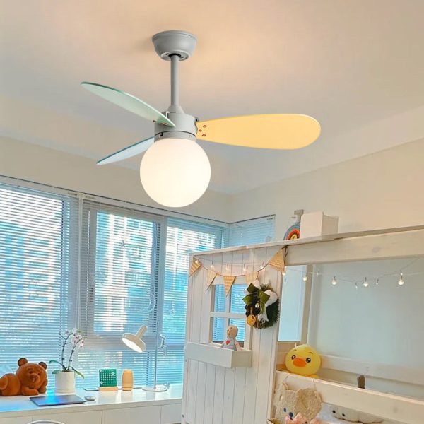 Contemporary Nordic Wood Iron Acrylic Ball 1-Light Downrods Ceiling Fan Light For Bedroom - Image 5