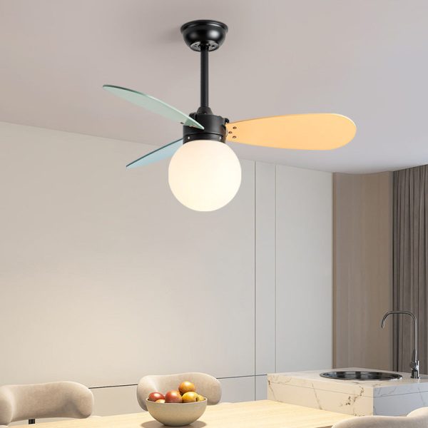 Contemporary Nordic Wood Iron Acrylic Ball 1-Light Downrods Ceiling Fan Light For Bedroom - Image 3