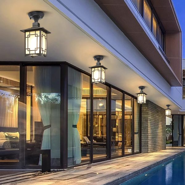Traditional Chinese Waterproof Iron Aluminum Glass Cylinder Pergola 1-Light Semi-Flush Mount Ceiling Light Outdoor Light For Outdoor Patio - Image 13