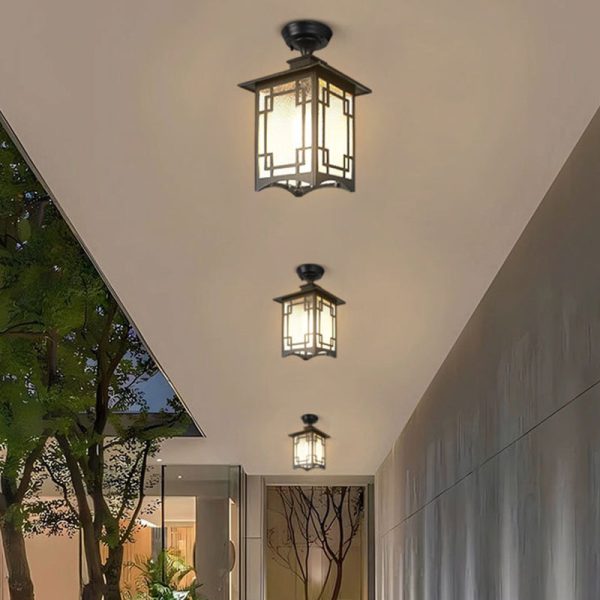 Traditional Chinese Waterproof Iron Aluminum Glass Cylinder Pergola 1-Light Semi-Flush Mount Ceiling Light Outdoor Light For Outdoor Patio - Image 4