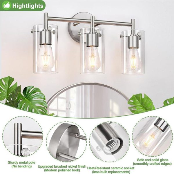 Contemporary Industrial Metal Glass Cylinder 3-Light Wall Sconce Lamp Vanity Light For Bathroom - Image 11