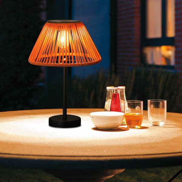 Traditional Farmhouse Waterproof Solar Rechargeable Weaving Gum Rattan Iron Conic LED Outdoor Table Lamp For Garden - Image 4