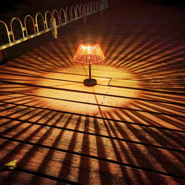 Traditional Farmhouse Waterproof Solar Rechargeable Weaving Gum Rattan Iron Conic LED Outdoor Table Lamp For Garden - Image 11