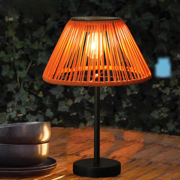 Traditional Farmhouse Waterproof Solar Rechargeable Weaving Gum Rattan Iron Conic LED Outdoor Table Lamp For Garden - Image 2