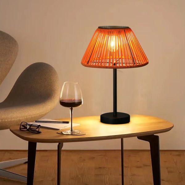 Traditional Farmhouse Waterproof Solar Rechargeable Weaving Gum Rattan Iron Conic LED Outdoor Table Lamp For Garden - Image 3