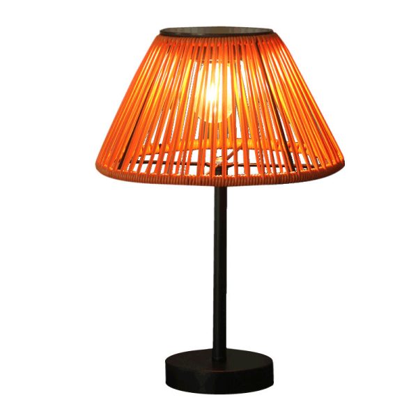 Traditional Farmhouse Waterproof Solar Rechargeable Weaving Gum Rattan Iron Conic LED Outdoor Table Lamp For Garden - Image 16