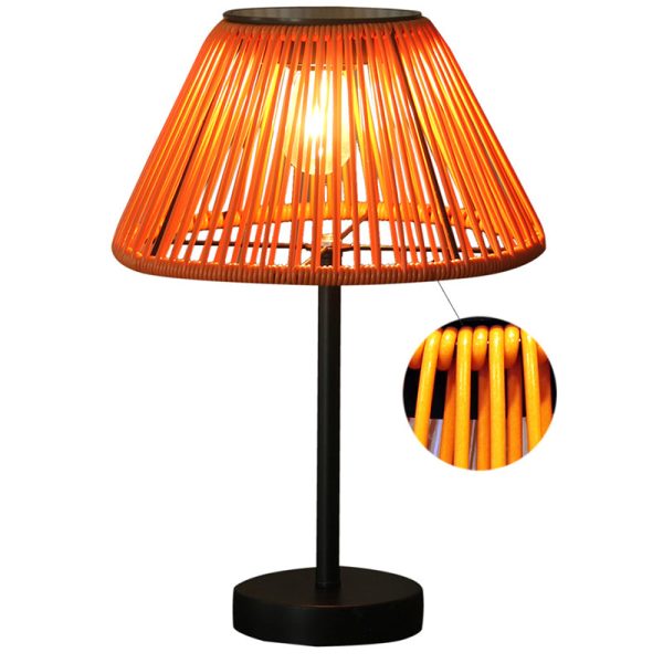 Traditional Farmhouse Waterproof Solar Rechargeable Weaving Gum Rattan Iron Conic LED Outdoor Table Lamp For Garden - Image 8