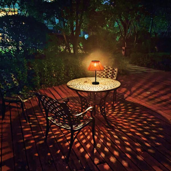 Traditional Farmhouse Waterproof Solar Rechargeable Weaving Gum Rattan Iron Conic LED Outdoor Table Lamp For Garden - Image 12