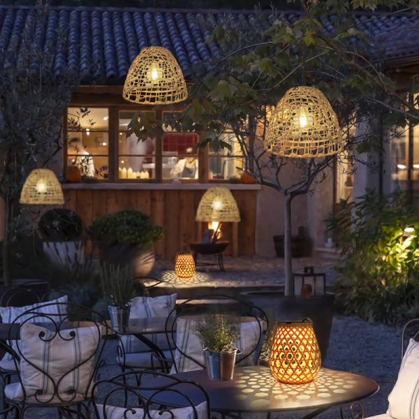 Traditional Farmhouse Solar Waterproof Weaving Iron Rattan Cage LED Outdoor Pendant Light For Outdoor Patio - Image 5
