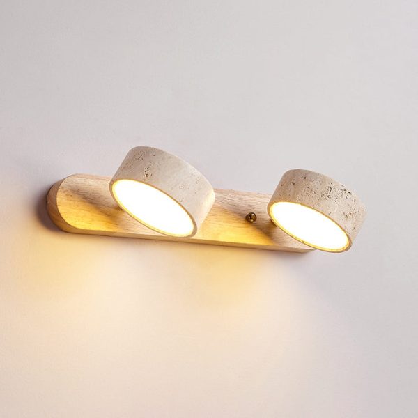 Traditional Japanese Travertine Wood Round Rotatable LED Wall Sconce Lamp Vanity Lighting For Bathroom - Image 13