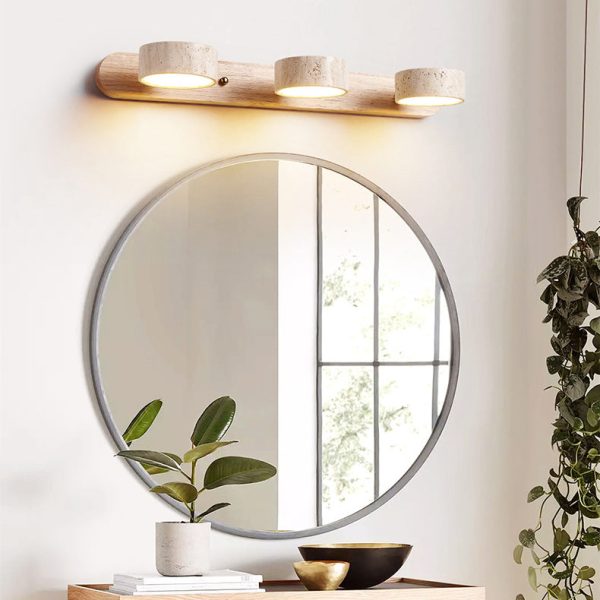 Traditional Japanese Travertine Wood Round Rotatable LED Wall Sconce Lamp Vanity Lighting For Bathroom - Image 5