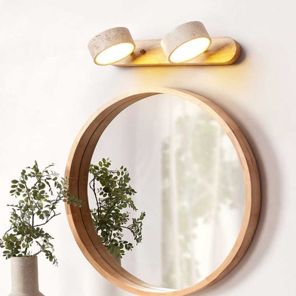 Traditional Japanese Travertine Wood Round Rotatable LED Wall Sconce Lamp Vanity Lighting For Bathroom - Image 3