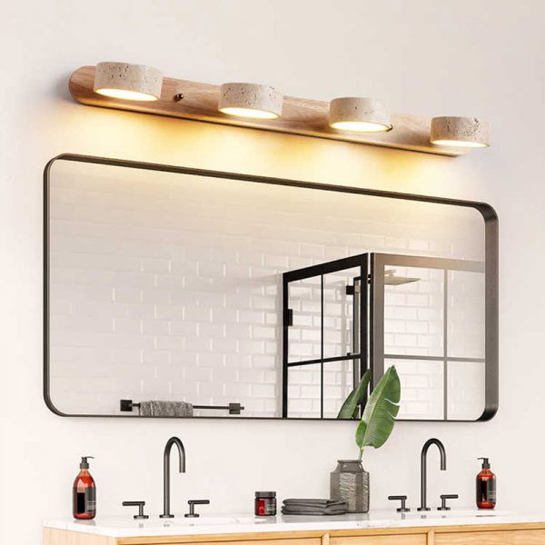 Traditional Japanese Travertine Wood Round Rotatable LED Wall Sconce Lamp Vanity Lighting For Bathroom - Image 2