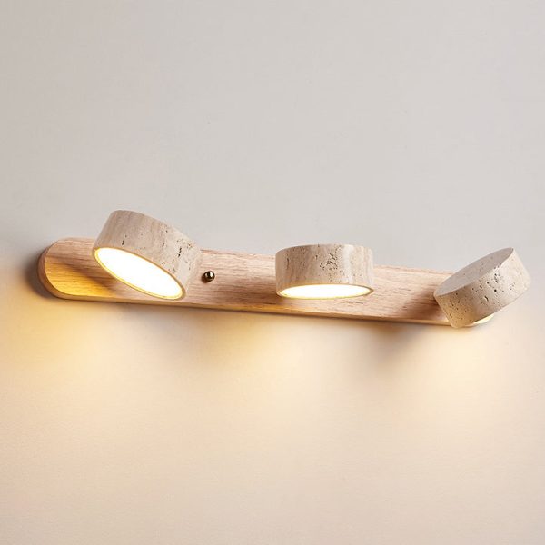 Traditional Japanese Travertine Wood Round Rotatable LED Wall Sconce Lamp Vanity Lighting For Bathroom - Image 12