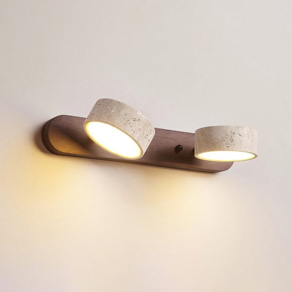 Traditional Japanese Travertine Wood Round Rotatable LED Wall Sconce Lamp Vanity Lighting For Bathroom - Image 15
