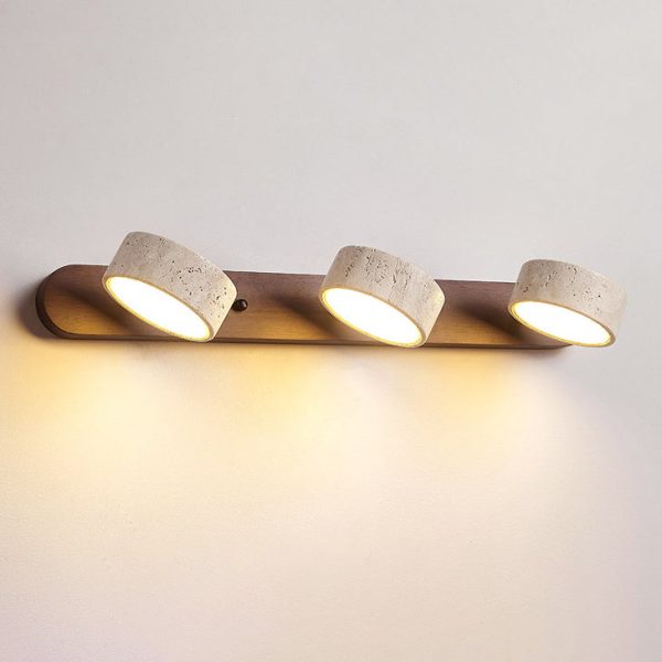 Traditional Japanese Travertine Wood Round Rotatable LED Wall Sconce Lamp Vanity Lighting For Bathroom - Image 16