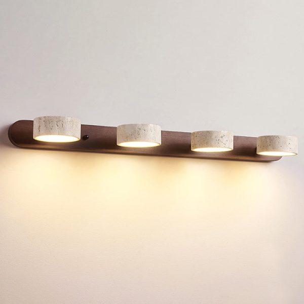 Traditional Japanese Travertine Wood Round Rotatable LED Wall Sconce Lamp Vanity Lighting For Bathroom - Image 17