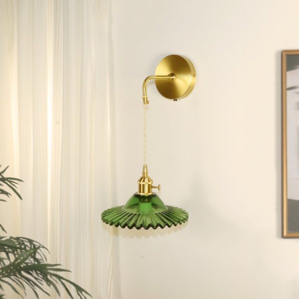Contemporary Retro Rechargeable Brass Glass Scalloped Skirt 1-Light Wall Sconce Lamp For Bedside - Image 21