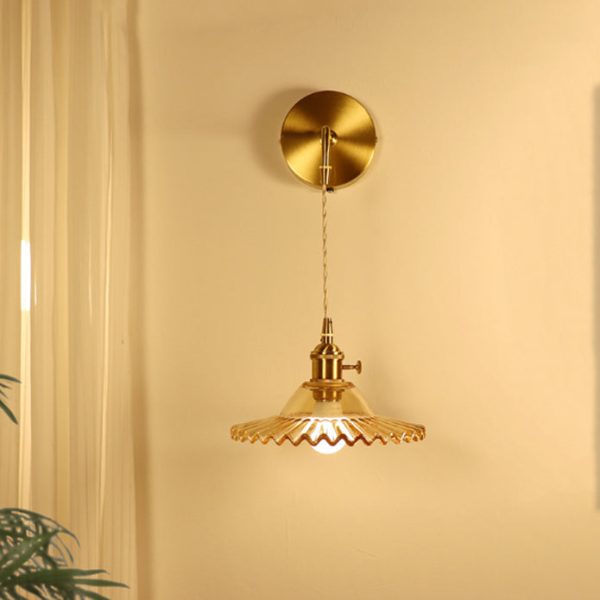 Contemporary Retro Rechargeable Brass Glass Scalloped Skirt 1-Light Wall Sconce Lamp For Bedside - Image 2