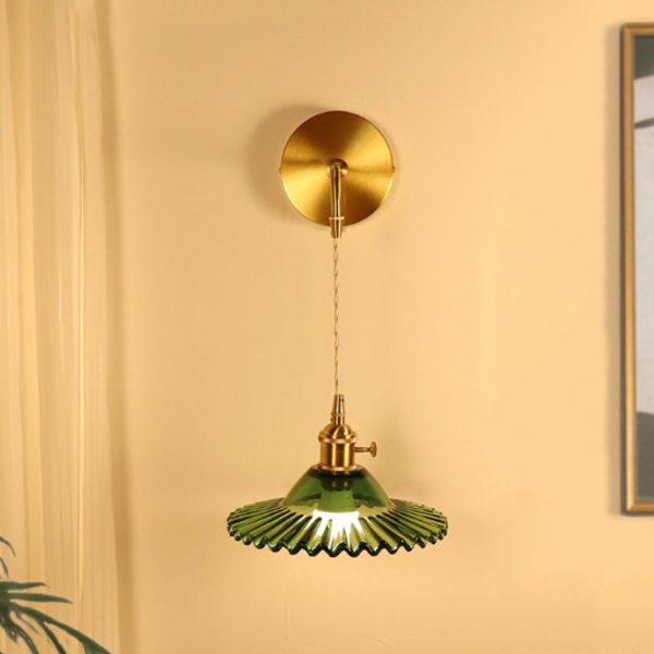 Contemporary Retro Rechargeable Brass Glass Scalloped Skirt 1-Light Wall Sconce Lamp For Bedside - Image 15