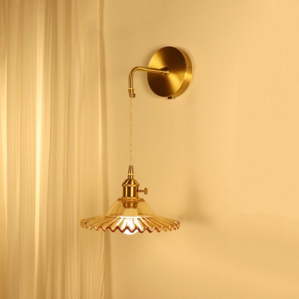 Contemporary Retro Rechargeable Brass Glass Scalloped Skirt 1-Light Wall Sconce Lamp For Bedside - Image 5