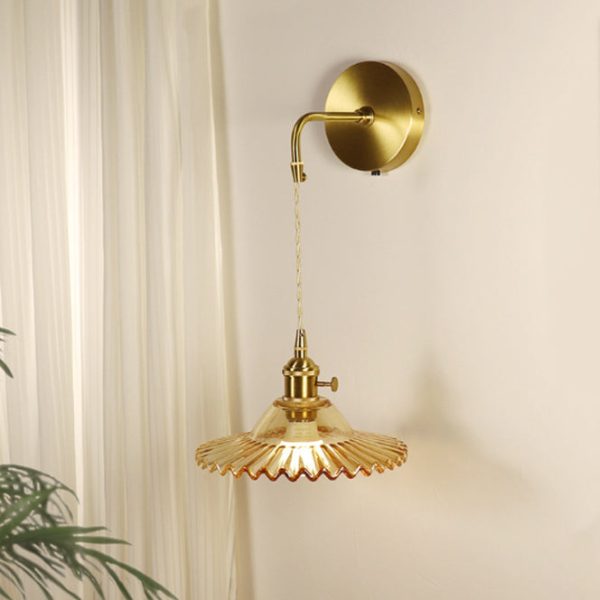 Contemporary Retro Rechargeable Brass Glass Scalloped Skirt 1-Light Wall Sconce Lamp For Bedside - Image 7
