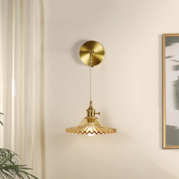 Contemporary Retro Rechargeable Brass Glass Scalloped Skirt 1-Light Wall Sconce Lamp For Bedside - Image 19