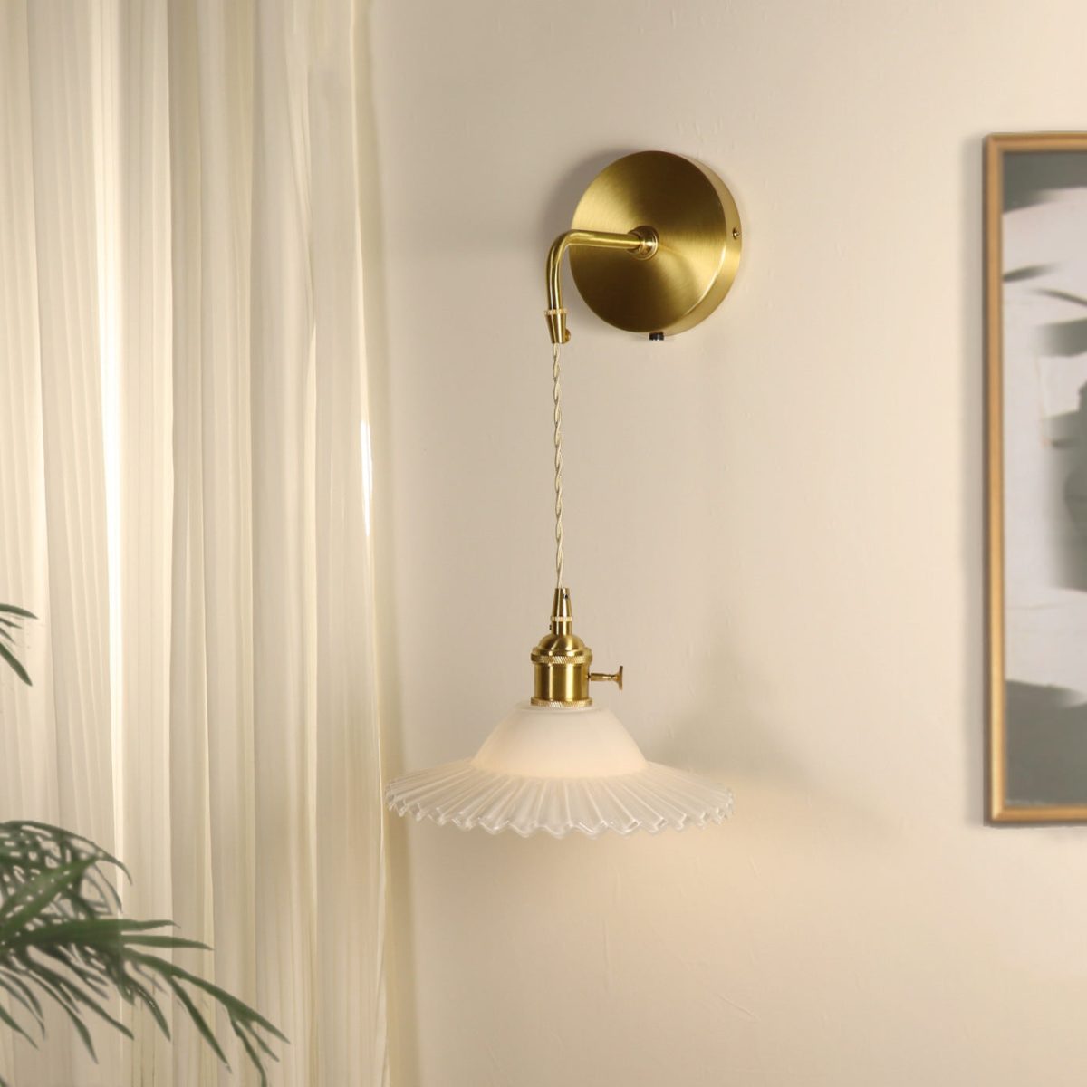 Contemporary Retro Rechargeable Brass Glass Scalloped Skirt 1-Light Wall Sconce Lamp For Bedside - Image 16