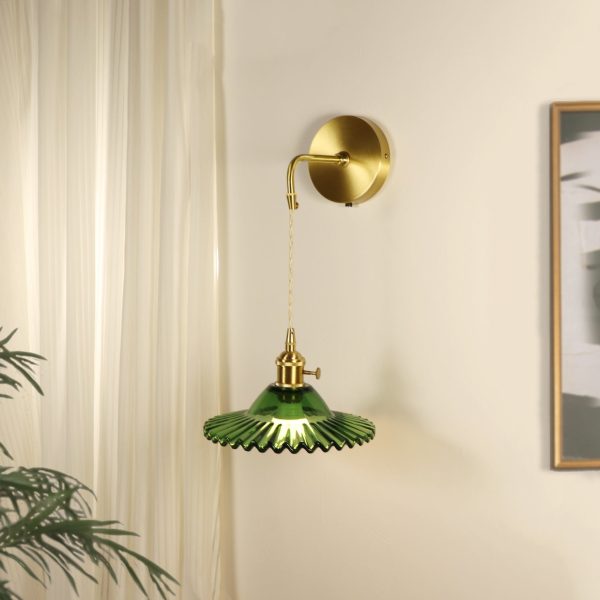 Contemporary Retro Rechargeable Brass Glass Scalloped Skirt 1-Light Wall Sconce Lamp For Bedside - Image 14