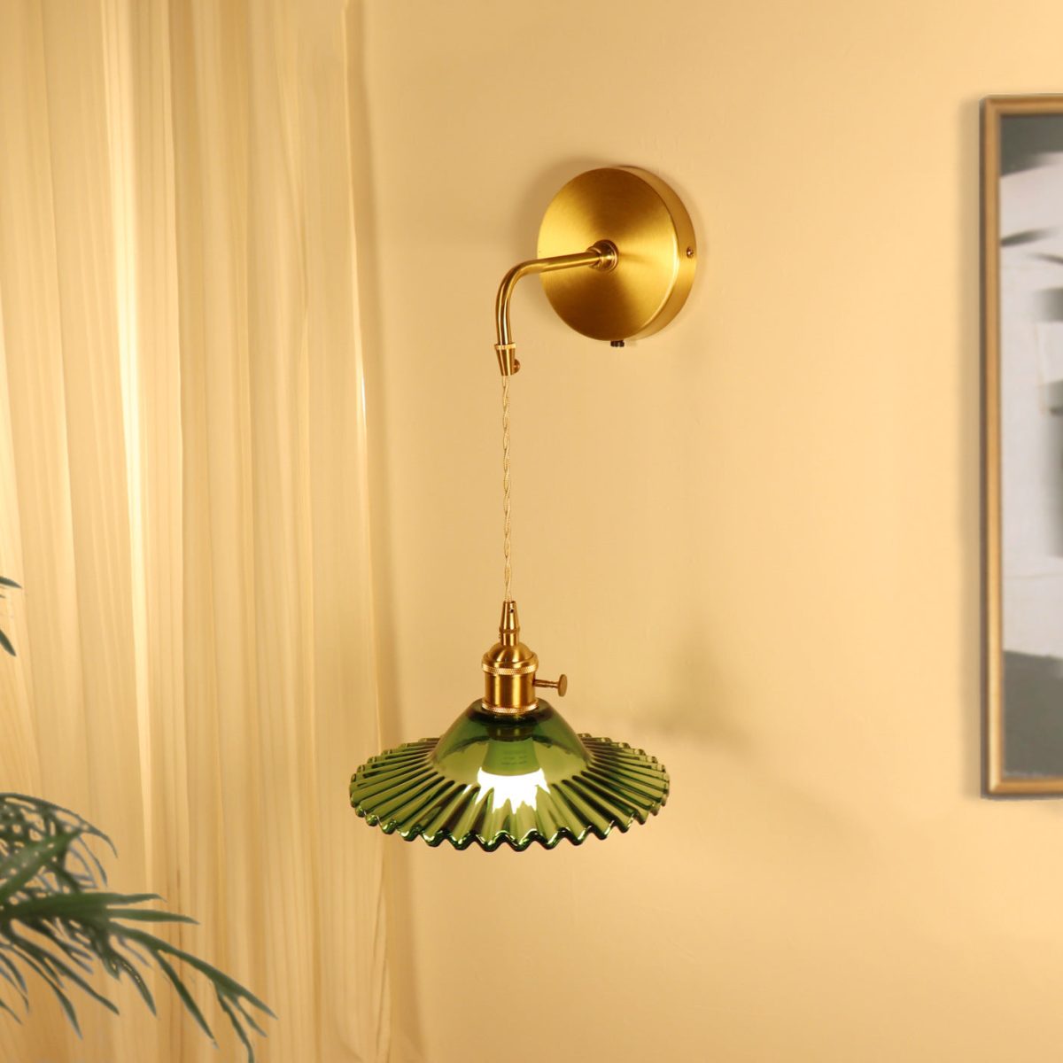 Contemporary Retro Rechargeable Brass Glass Scalloped Skirt 1-Light Wall Sconce Lamp For Bedside - Image 1