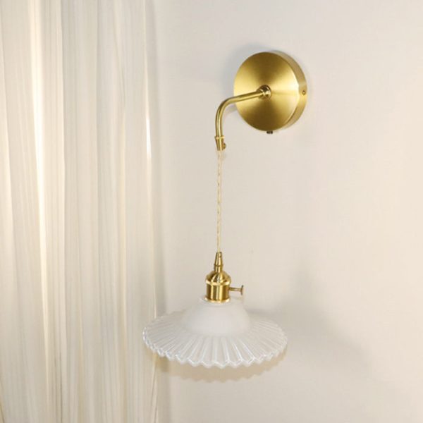 Contemporary Retro Rechargeable Brass Glass Scalloped Skirt 1-Light Wall Sconce Lamp For Bedside - Image 6