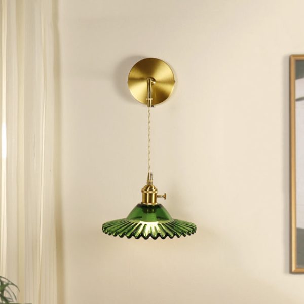 Contemporary Retro Rechargeable Brass Glass Scalloped Skirt 1-Light Wall Sconce Lamp For Bedside - Image 4