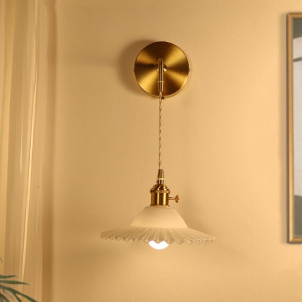 Contemporary Retro Rechargeable Brass Glass Scalloped Skirt 1-Light Wall Sconce Lamp For Bedside - Image 17