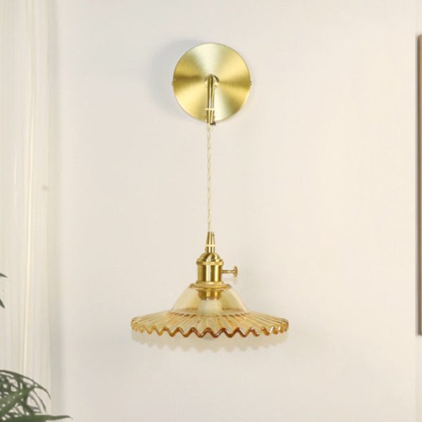 Contemporary Retro Rechargeable Brass Glass Scalloped Skirt 1-Light Wall Sconce Lamp For Bedside - Image 18
