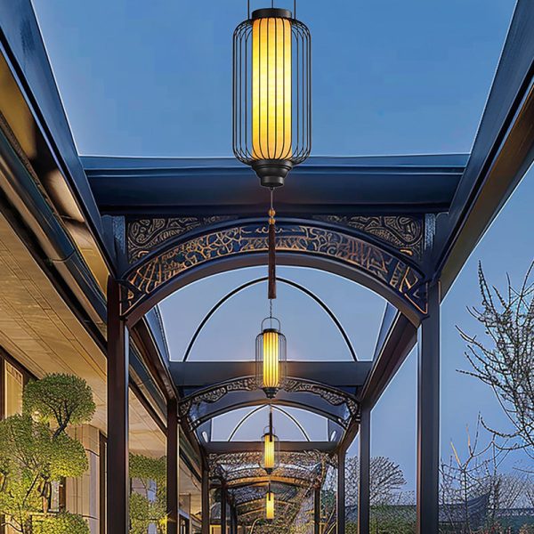 Traditional Chinese Waterproof Carbon Steel Imitation Marble Lantern Cylinder Hollowed Cage 1-Light Pendant Light Outdoor Light For Outdoor Patio - Image 6