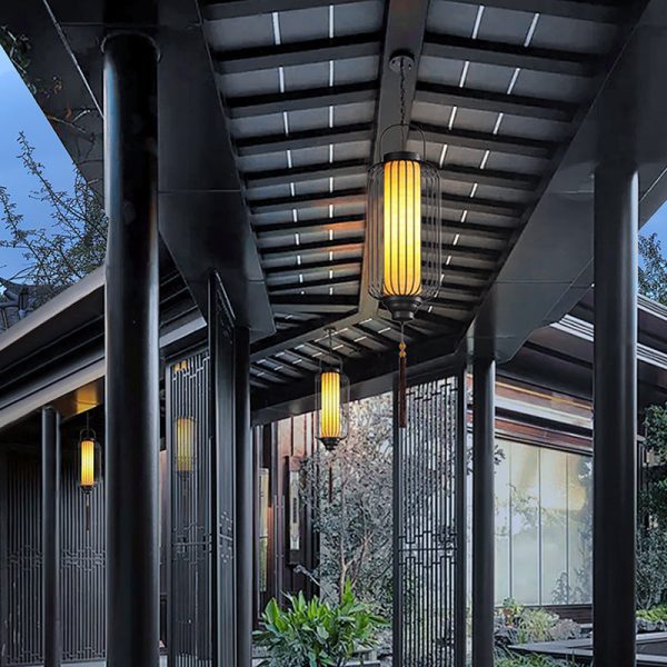 Traditional Chinese Waterproof Carbon Steel Imitation Marble Lantern Cylinder Hollowed Cage 1-Light Pendant Light Outdoor Light For Outdoor Patio - Image 15