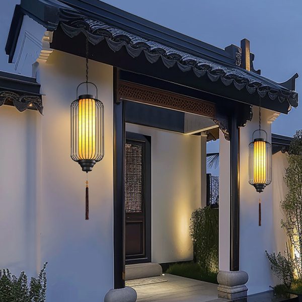 Traditional Chinese Waterproof Carbon Steel Imitation Marble Lantern Cylinder Hollowed Cage 1-Light Pendant Light Outdoor Light For Outdoor Patio - Image 2