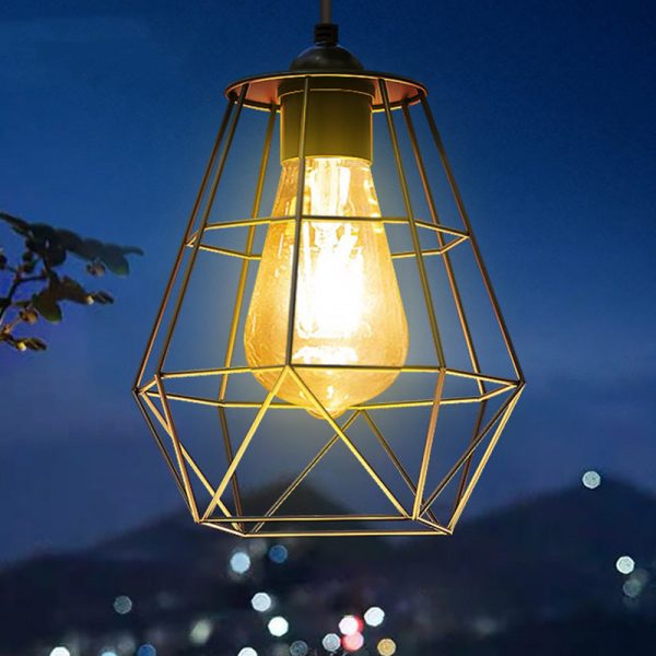 Contemporary Industrial Solar Waterproof Octagonal Diamond Lantern Mild Steel Wire Plastic LED Outdoor Pendant Light For Garden