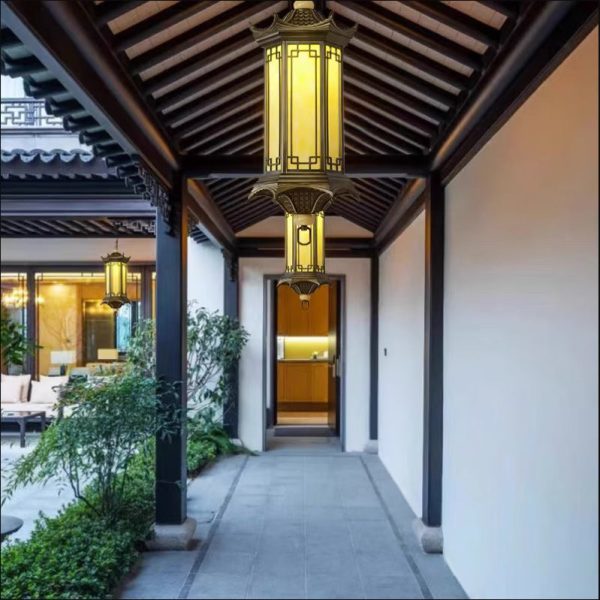 Traditional Chinese Waterproof Aluminum Alloy Imitation Marble Lantern Pergola 1-Light Outdoor Pendant Light For Garden - Image 4