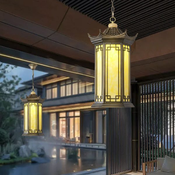 Traditional Chinese Waterproof Aluminum Alloy Imitation Marble Lantern Pergola 1-Light Outdoor Pendant Light For Garden - Image 3