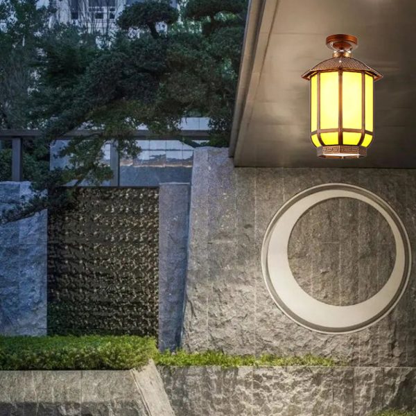 Traditional Chinese Round Lantern Aluminum Iron Glass 1-Light Semi-Flush Mount Ceiling Light For Outdoor Patio - Image 2