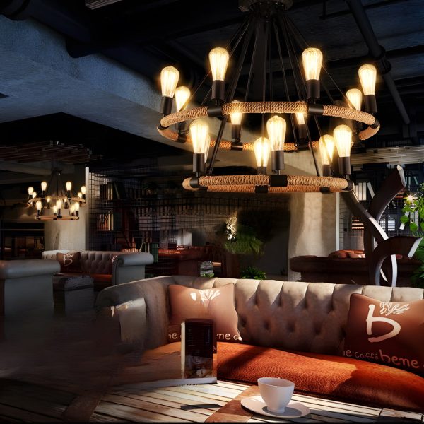 Rustic Industrial Hemp Rope Chandelier with Iron Frame